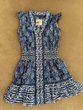 Girls Blue Patterned Smocked Waist Romper Dress